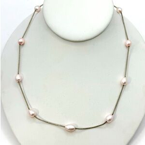 Pink freshwater Pearl station necklace dainty silver plated 18” snake chain NEW